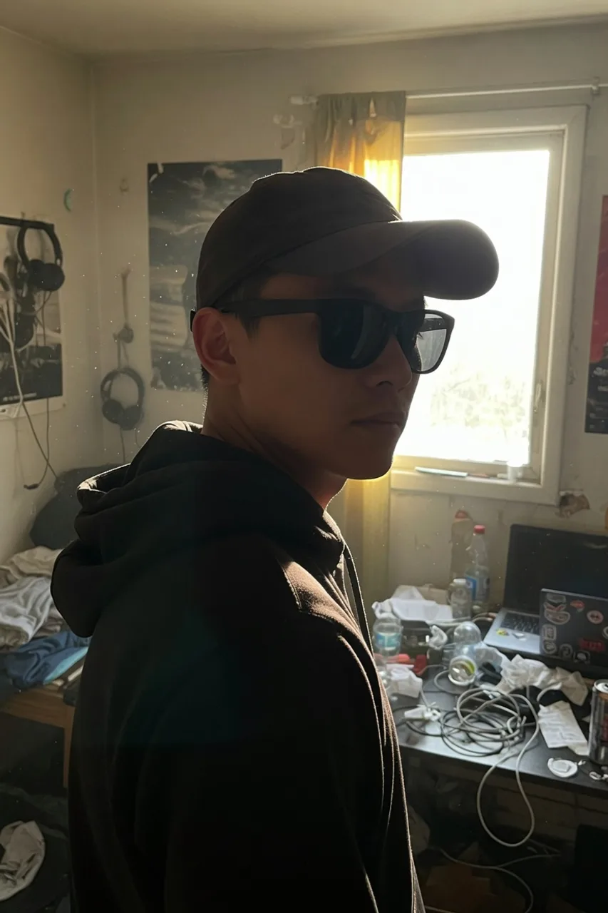 A bad upload photo: cropped at the chest, turned away, cap and sunglasses, backlit