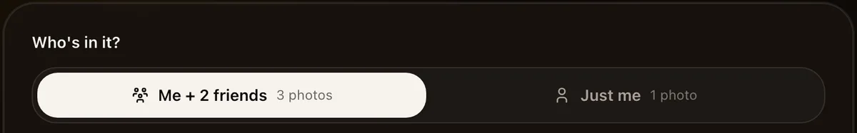 Choosing between Me + 2 friends and Just me in the gas station dance generator